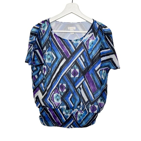 Chicos Blue Purple Print Mesh Blouse Medium Slit Sleeve Casual - Picture 1 of 12